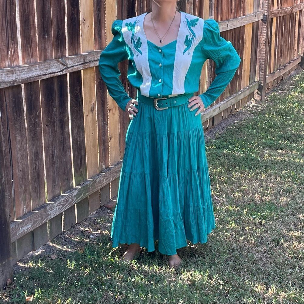 Vtg 80s/90s Lillia Smitty turquoise crinkle cloth‎ layered skirt western dress